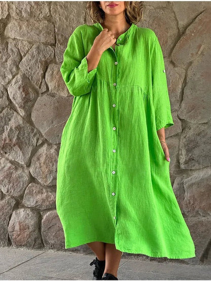 Robe chemise boutonnée décontractée en coton et lin pour femme, couleur unie