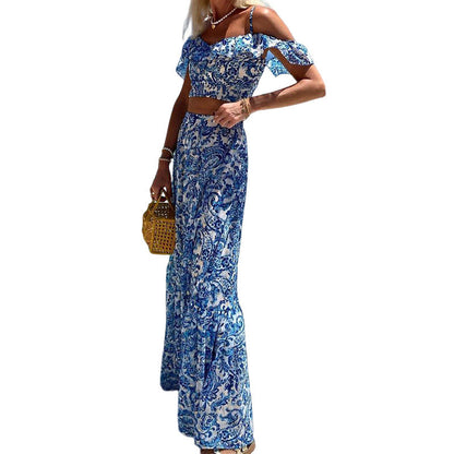 Boho Vacation Summer Women's Paisley Crop Top Skirt Set