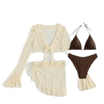 Summer Vacation Women Solid Color Flare Sleeve Top Set
