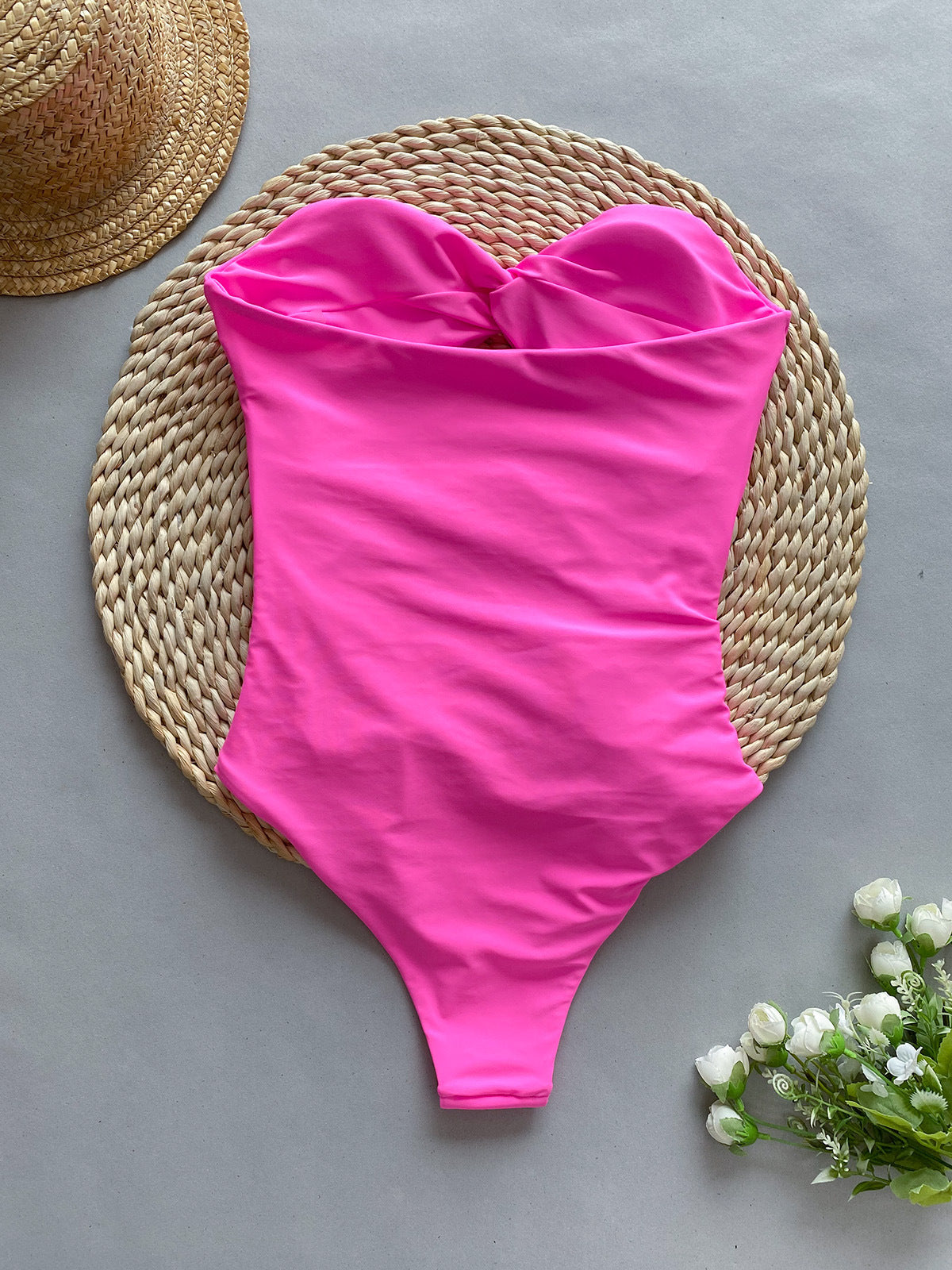 Women Summer Vacation Solid Barbie Pink Cut Out Knotted Tube Top Swimwear