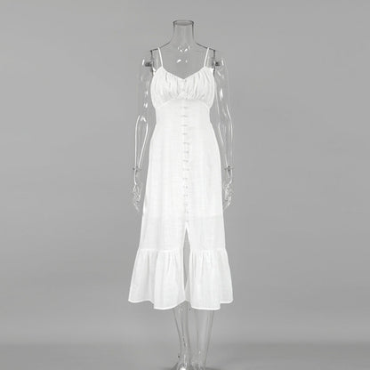 Vestido sexy de lino y algodón liso con tirantes finos y abertura para mujer