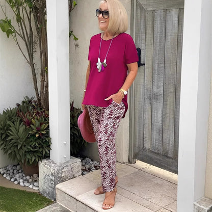 Conjunto de top y pantalón estampado de manga corta informal para mujer