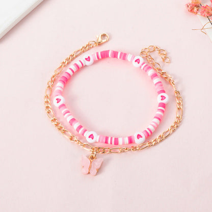 Conjunto de tobillera de doble capa con cuentas de corazón y mariposa bohemia