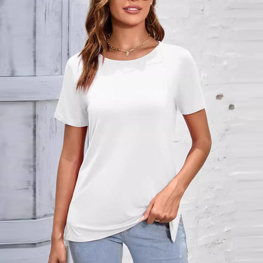 Camiseta sencilla de manga corta con cuello redondo y color liso para mujer