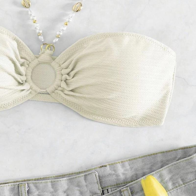 Sexy Women Summer Vacation Pearl Strap Halter Neck Bikini Swimwear Set