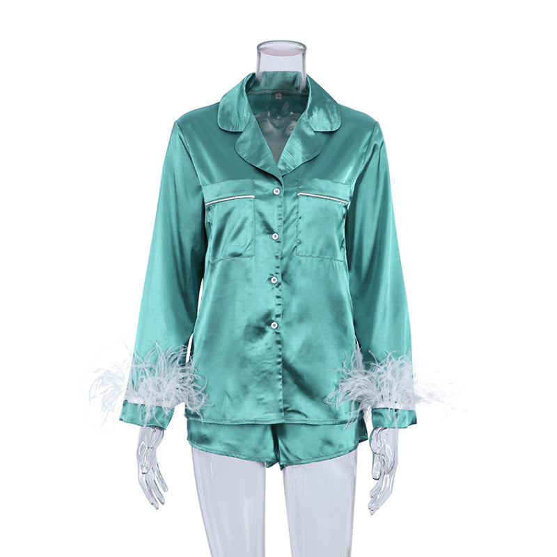 Women Fashion Loose Satin Ice Silk Long Sleeve Pajamas Set