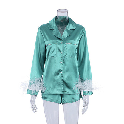 Women Fashion Loose Satin Ice Silk Long Sleeve Pajamas Set