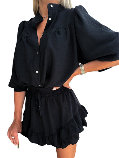 Conjunto de dos piezas formado por camisa, falda y pantalón corto, informal, de lino y algodón, a la moda para mujer
