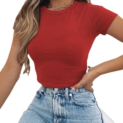 T-shirt d'été à manches courtes et col rond pour femme, couleur unie, à la mode