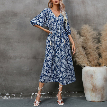 Vestido informal de primavera y verano para mujer, con cintura alta, estampado floral y escote en V