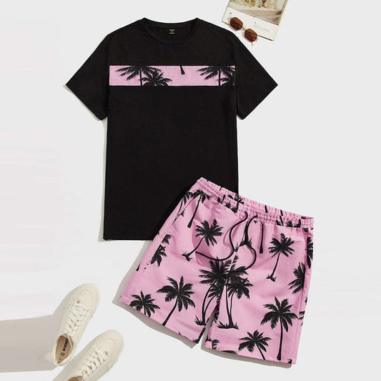 Hawaiian Casual Vacation Men Cotton Coconut Tree T-Shirt Set