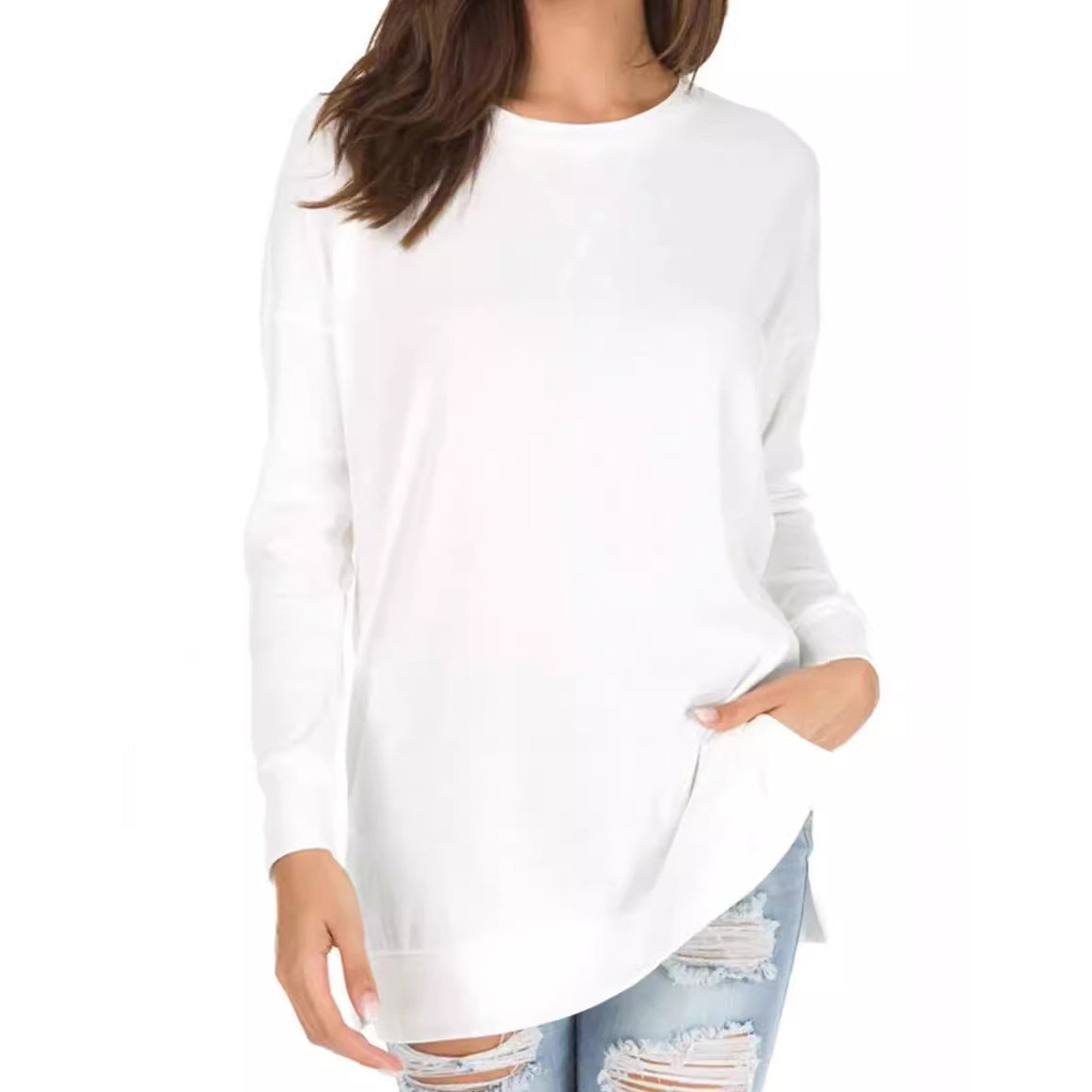 Women Simple Solid Color Round Neck Long Sleeve Blank T-Shirt
