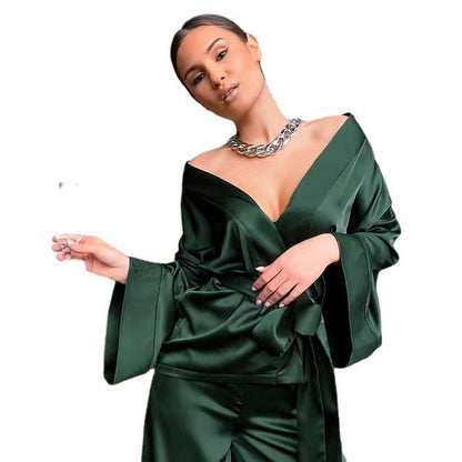Women Solid Satin Long Sleeve Loose Lace-Up Pajamas Two Piece Set