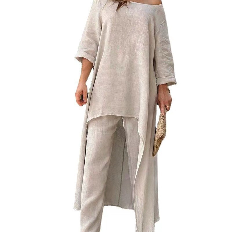 Women Fashion Casual Solid Color Cotton Linen Set