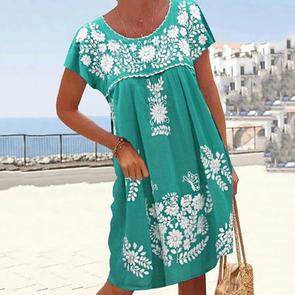 Women Casual Boho Short Sleeve Floral Print Round Neck Loose Dress