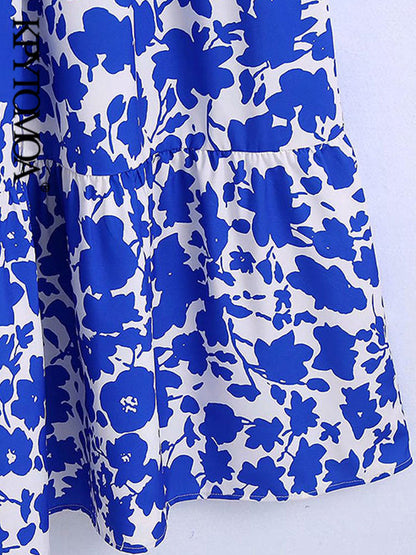 Women Fashion Bohemian Floral Print Vintage V Neck Short Sleeves Ruffled Midi Dress