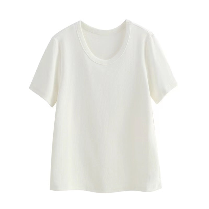 Fashion Basic Women Solid Color Rib-Knit Short Sleeve Blank T-Shirt