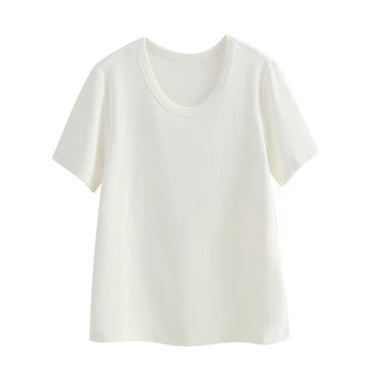 Fashion Basic Women Solid Color Rib-Knit Short Sleeve Blank T-Shirt