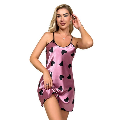 Women Fashion Sexy Heart Printed Sling Silk Pajamas