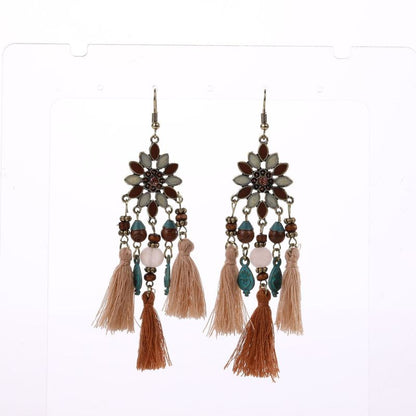 Bohemian Flower Wooden Beads Tassel Earrings