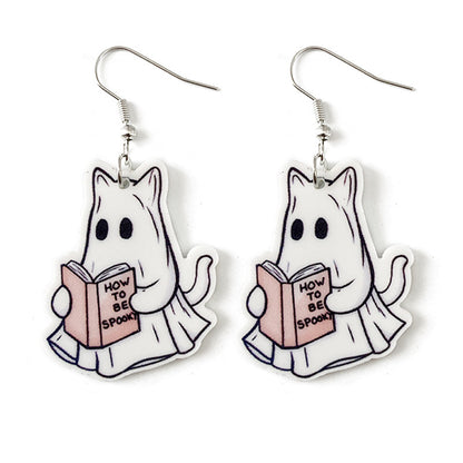 Pendientes acrílicos divertidos y creativos de gato fantasma para Halloween para mujer
