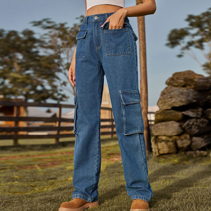 Vaqueros cargo vintage con cintura elástica y múltiples bolsillos para mujer