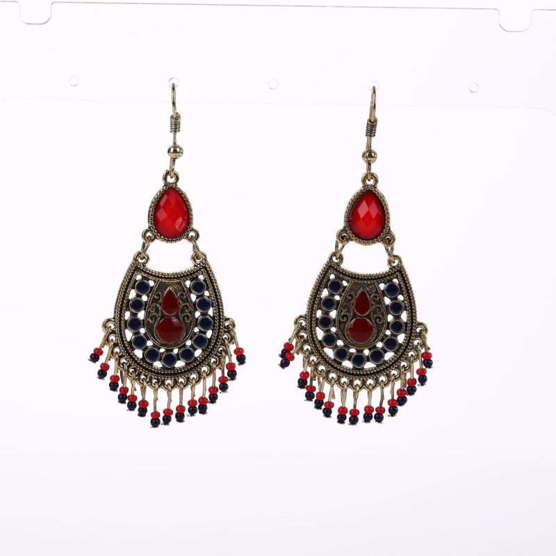 Pendientes de borlas huecas con piedras preciosas y cuentas bohemias para mujer