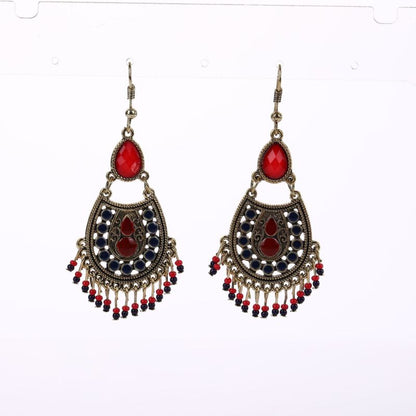 Pendientes de borlas huecas con piedras preciosas y cuentas bohemias para mujer