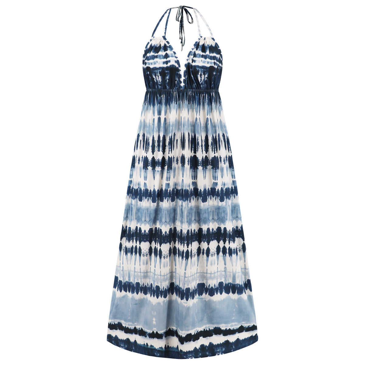 Vestido largo bohemio informal con espalda halter y estampado tie-dye para mujer