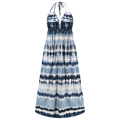 Vestido largo bohemio informal con espalda halter y estampado tie-dye para mujer