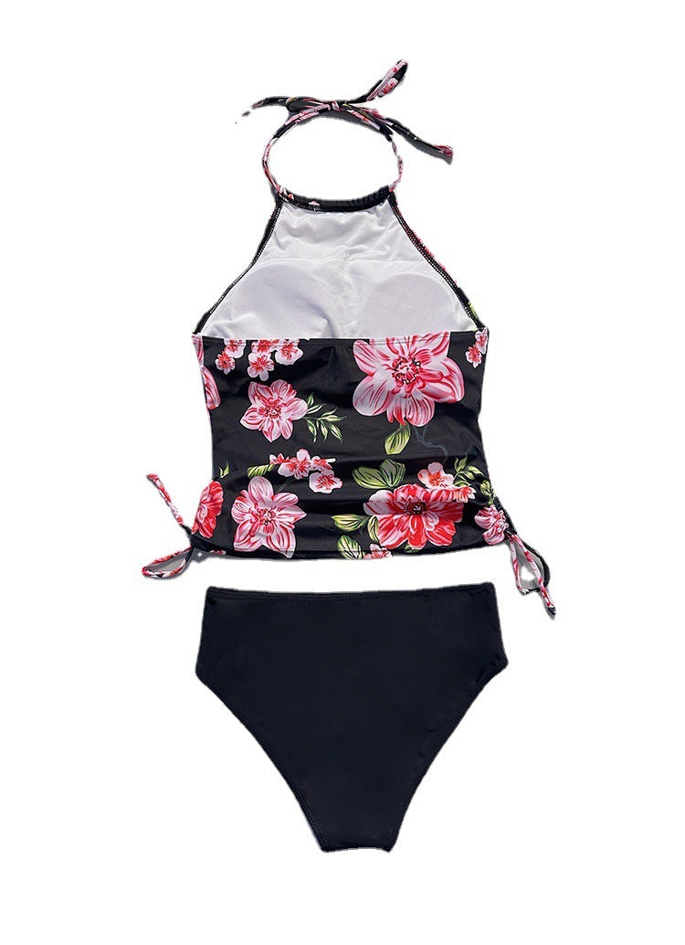 Women Fashion Floral Printed Halter Neck Top Triangle Pantie Tankinis Swimsuit 2pcs Set