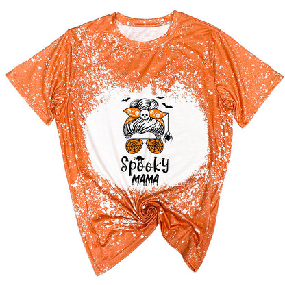 Camiseta de manga corta con estampado naranja de Halloween para mujer