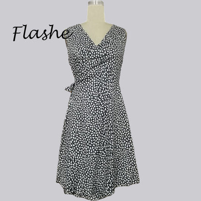 Women Elegant Casual Polka Dot V Neck Sleeveless Bandage Dress