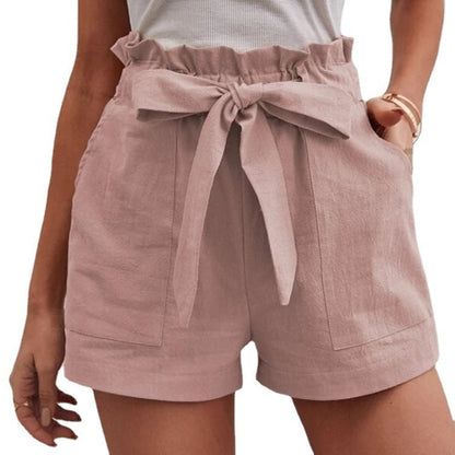 Pantalones cortos casuales de lino sueltos de cintura alta para mujer
