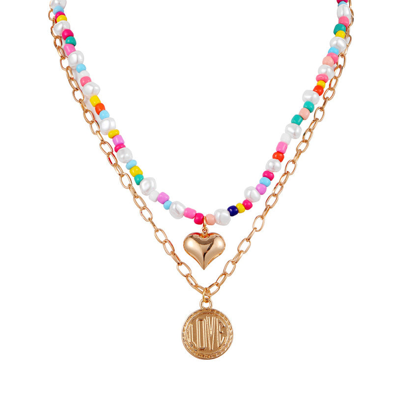 Collar bohemio de doble capa con monedas de amor para mujer