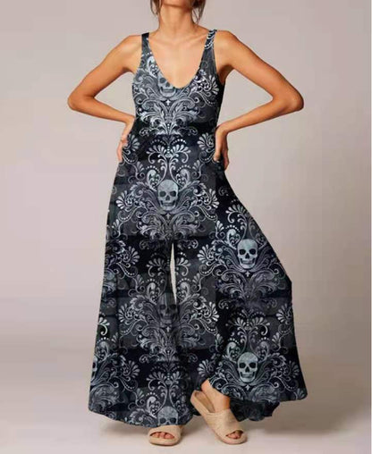 Combinaison vintage décontractée à imprimé tête de mort pour femme, style Halloween