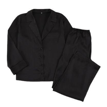 Women's Long-Sleeved Solid Satin Two-Piece Pajamas