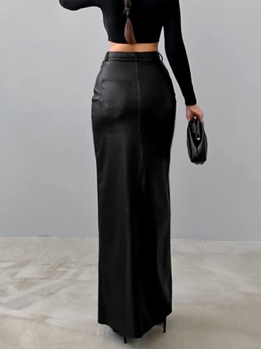 Jupe longue en cuir doublée polaire de couleur unie pour femme