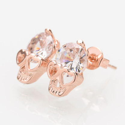 Women Rose Gold Tone Crystal Skull Stud Earrings