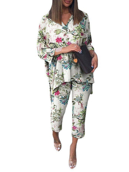 Plus Size Women Cotton Linen Print Two Pieces Set