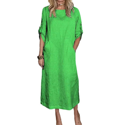 Summer Women Casual Solid Color Round Neck Dress