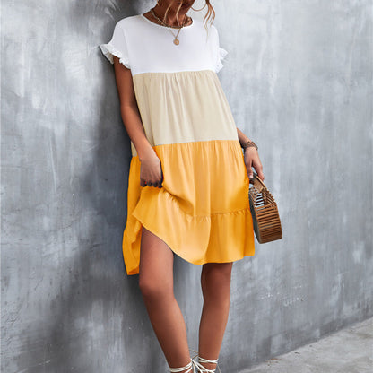 Women Bohemian Summer Short Sleeves Color Blocking Ruffled Dress