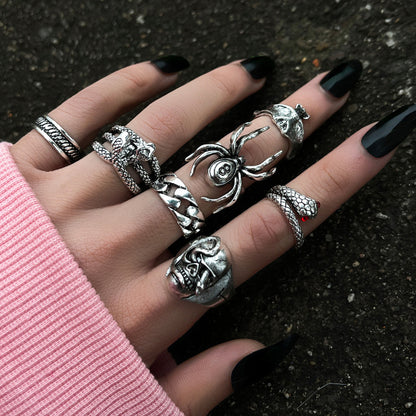 Conjunto de anillos de esqueleto gótico punk creativo de dos cabezas para mujer