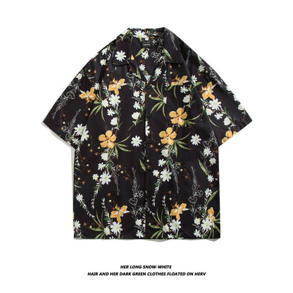 Camisa informal vintage hawaiana con estampado de pequeñas flores para hombre