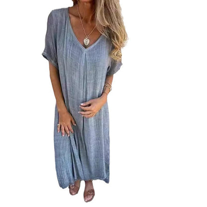 Vestido informal de verano para mujer, holgado, de algodón y lino con cuello en V