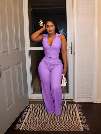 Women Fashion Casual Solid Color Sleeveless Top and Pants Set