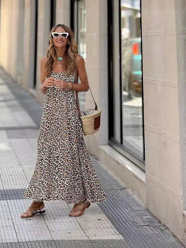 Fashion Summer Vacation Women Boho Sling Leopard Print V-Neck Casual Maxi Dress