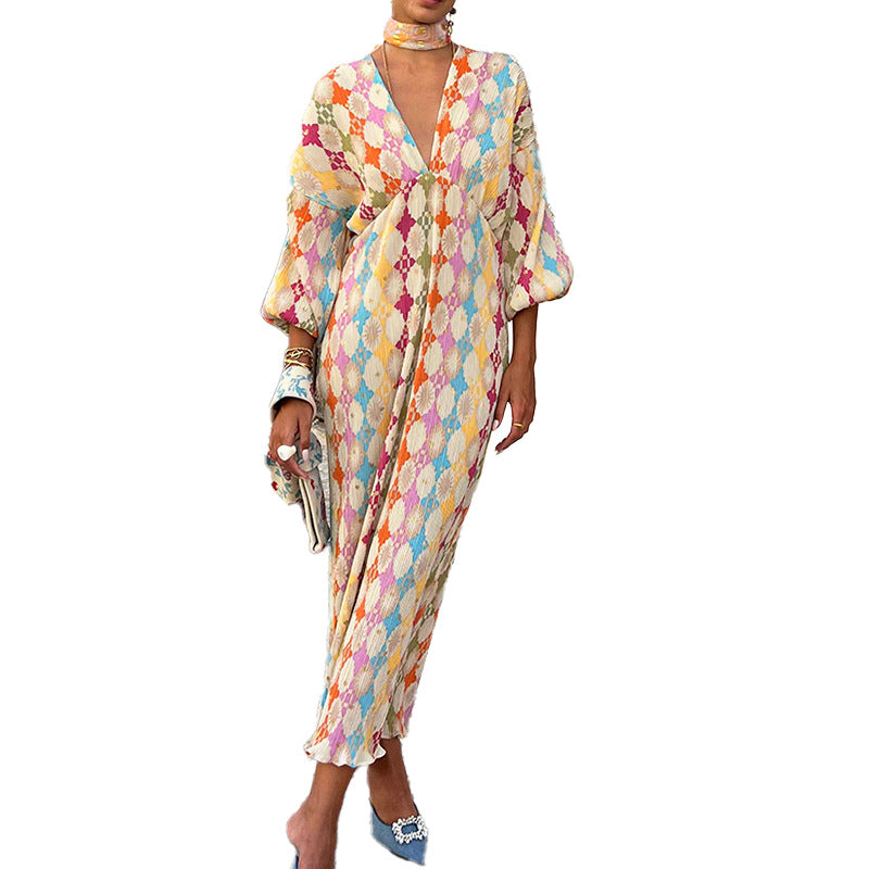 Vestido largo elegante de verano para mujer con estampado geométrico, escote en V y media manga.