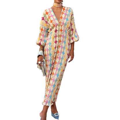 Vestido largo elegante de verano para mujer con estampado geométrico, escote en V y media manga.