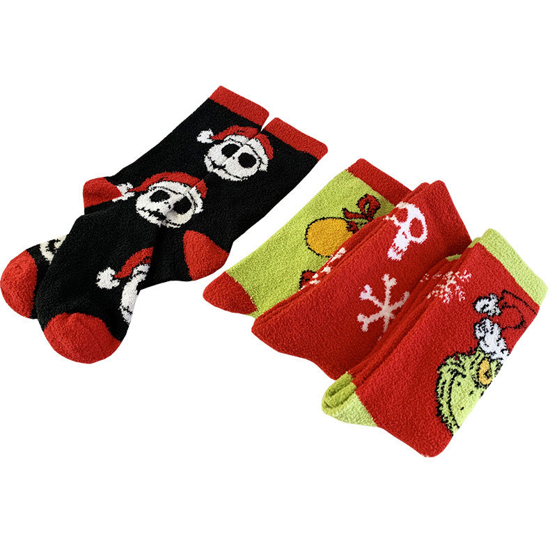 Calcetines de polar coral cálidos con dibujos animados de Halloween y Navidad con personalidad de moda